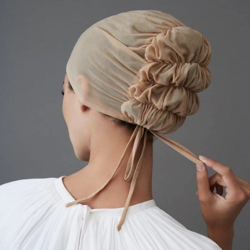 New solid color mesh breathable elastic elastic lace bottom hat with rope hijab adjustable inner cap