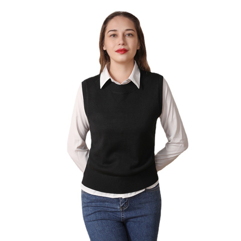 2023 Round Neck European and American New Style Cotton-padded Jacket Solid Color Women's Knitted Vest Sleeveless Spring and Autumn Sweater Vest Women's Clothing