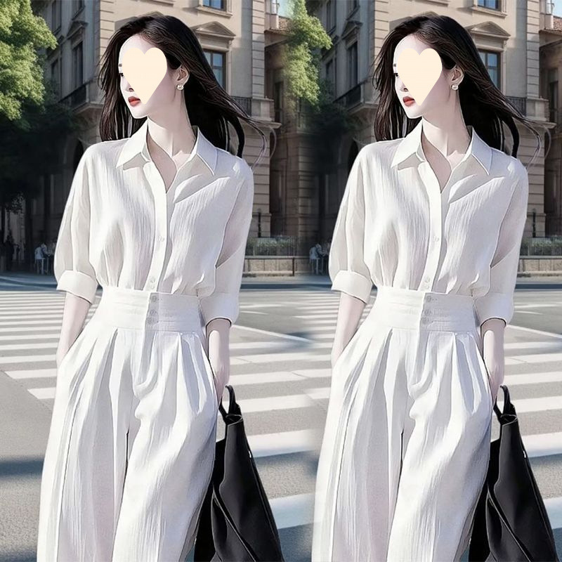 職場通勤スマート気質婦人服2025春夏新作高級白シャツカジュアルパンツ2点セット|undefined