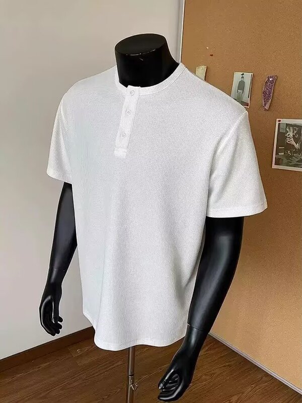 トレンディなブランドトレンディなメンズグレーワッフルヘンリーカラー半袖メンズ夏アメリカンレトロTシャツハイエンドハンサム半袖|undefined