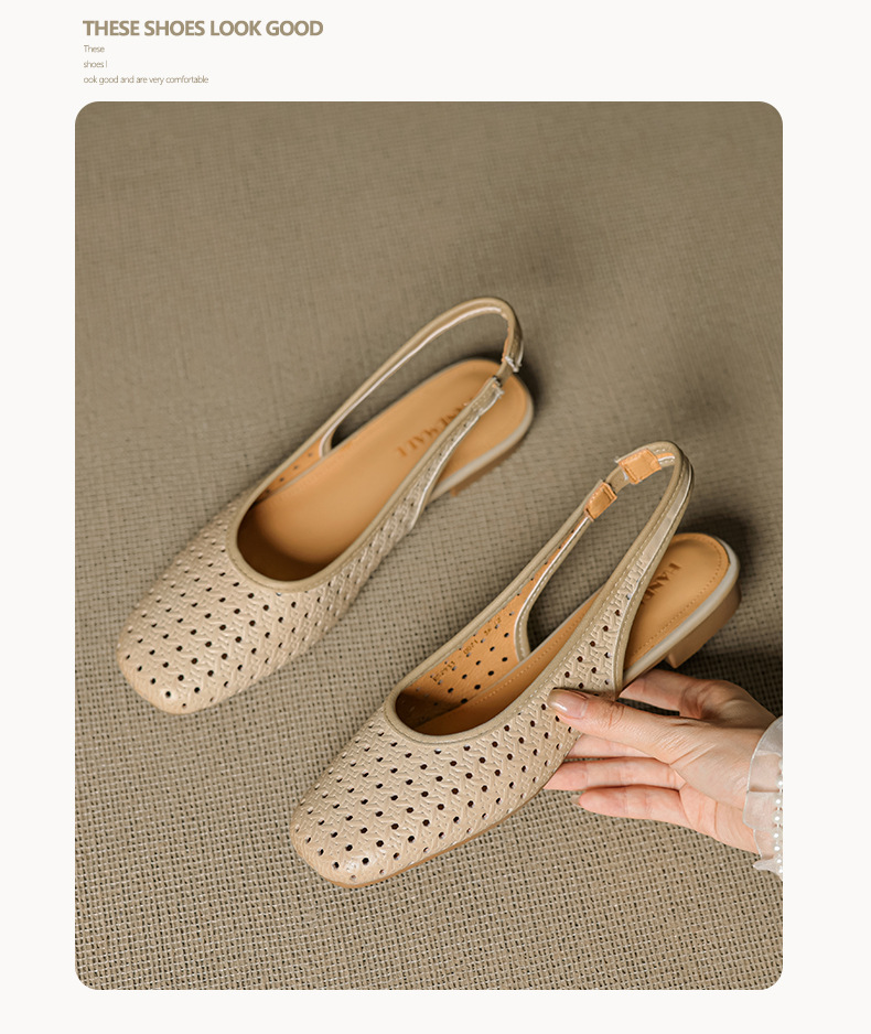 Sandal nữ đế bệt mũi bọc da bò, quai sau hở, phong cách vintage đan lỗ — đen chi tiết 13