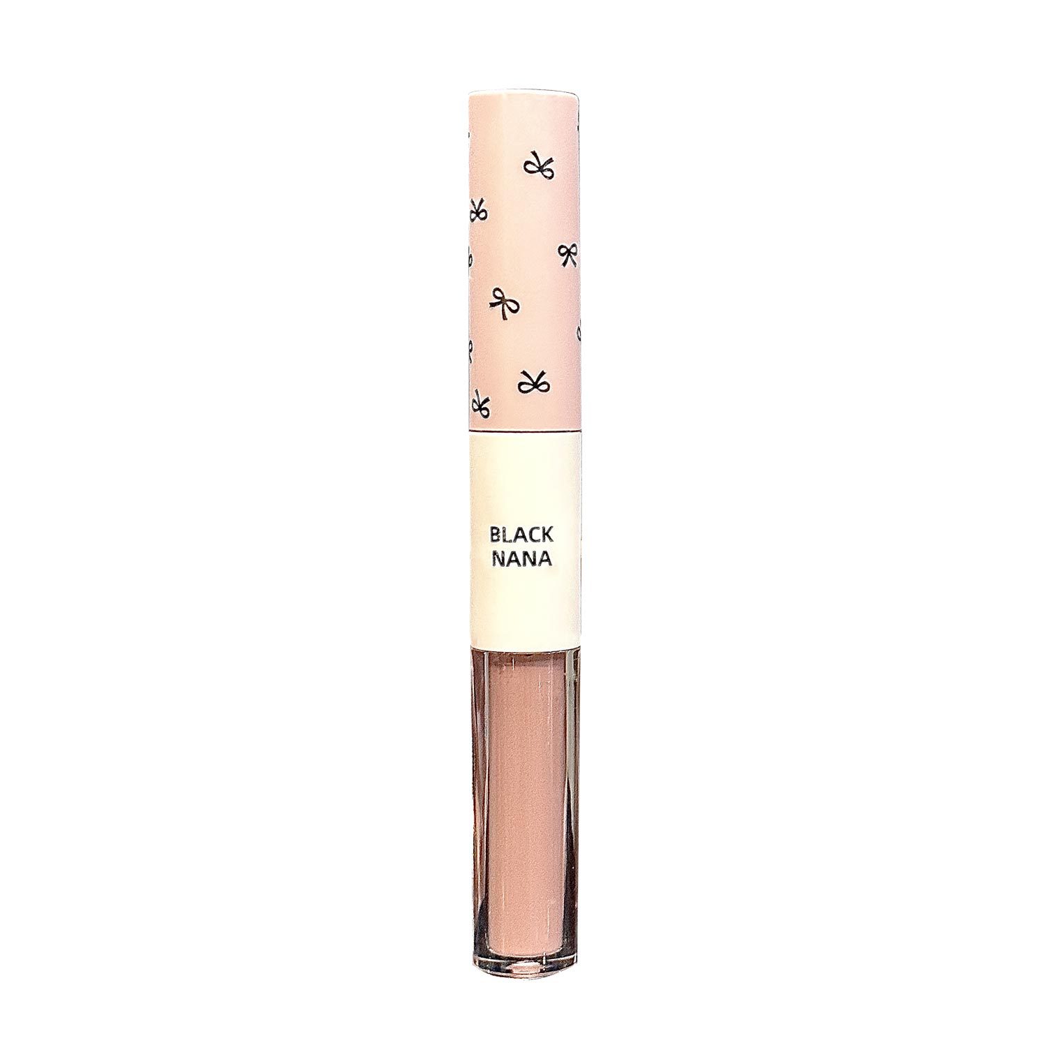 Brillo labial de doble punta BLACK NANA, efecto espejo, acabado acuoso, color gris rosado, labial en barra, color miel claro, maquillaje nude, labial de color nude.