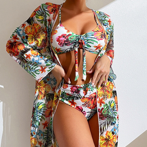 Longline tunic split three-piece printed sexy swimsuit women's bikini