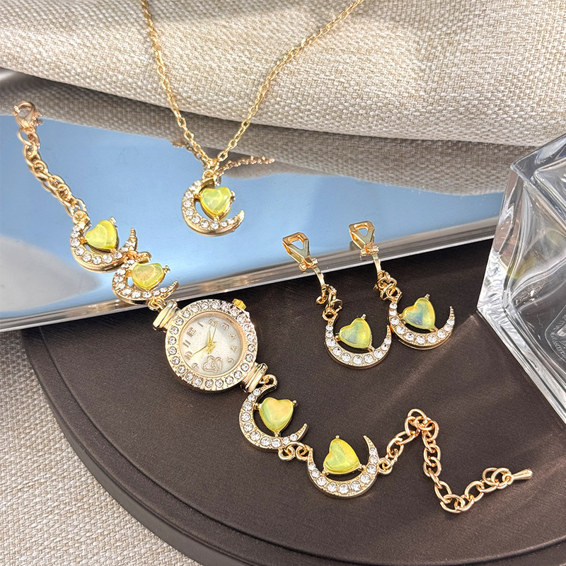 Cross-border Live Chalcedony Diamond Love Moon Jewelry Decoration Watch Earrings Necklace Quartz Watch Three-piece Gift Set