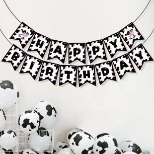 Farm Cow Theme Party Layout Supplies Ranch Black and White Dairy Cattle Pattern Fishtail Flag Banner small size Dovetail