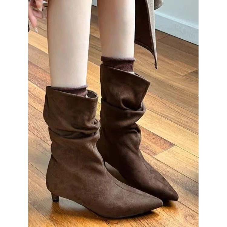 New Thin Velvet French Style Kitten Heel Short Boots, Feminine Slimming Pointed Toe Boots, Versatile Stiletto Slim Boots