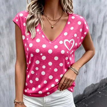2026 Summer Pink Polka Dot T-Shirt Women's V-Neck Loose Casual Sleeveless Heart Print Top 2026 Summer Pink Polka Dot T-Shirt Women's V-Neck Loose Casual Sleeveless Heart Print Top