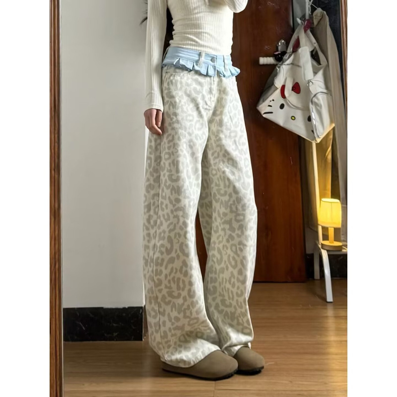 Leopard Print Splicing Hot Girl Jeans Women's Autumn Straight Leg Loose Slimming Design Plus Skirt Layered Wide Leg Trousers