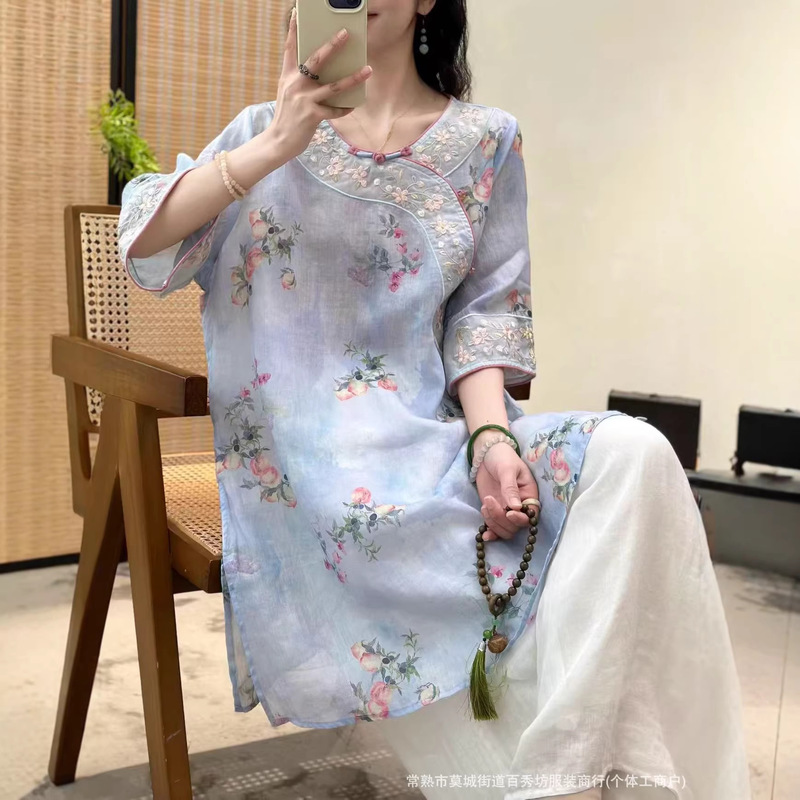 National Style Ramie Women's 2026 Summer New Printed Round Neck Shirt with Diagonal Placket, Button Embroidery, Mid-Length Shirt, Zen-Inspired Tea Attire