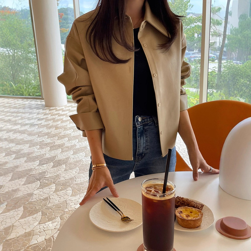Elegant Lady Korean Dongdaemun Leather Jacket Thin Loose Biker Jacket Korean Style Leather Jacket
