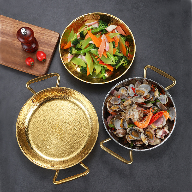 Stainless Steel Dry Pot Cookware Shouxi Cooking Pot Flat Bottom Plate for Juice and Small Seafood Plate Double-ear Spaghetti Plate Alcohol Stove Cookware