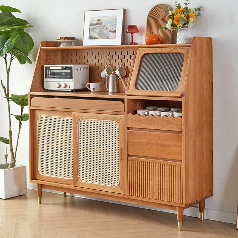 Solid Wood Rattan Door Sideboard, Cherry Wood Perforated Board Tea Cabinet, Multifunctional Integrated Wall-Mounted Living Room Coffee Cabinet