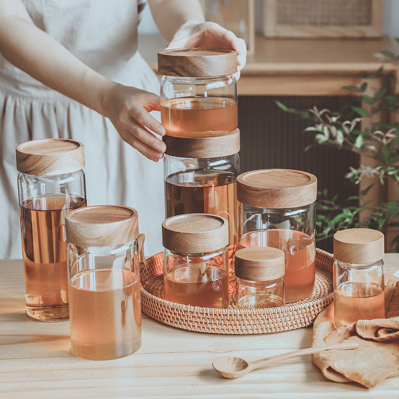 螺纹口蜂蜜玻璃罐圆形蜂蜜瓶密封玻璃储物罐厨房杂粮分装瓶干果瓶