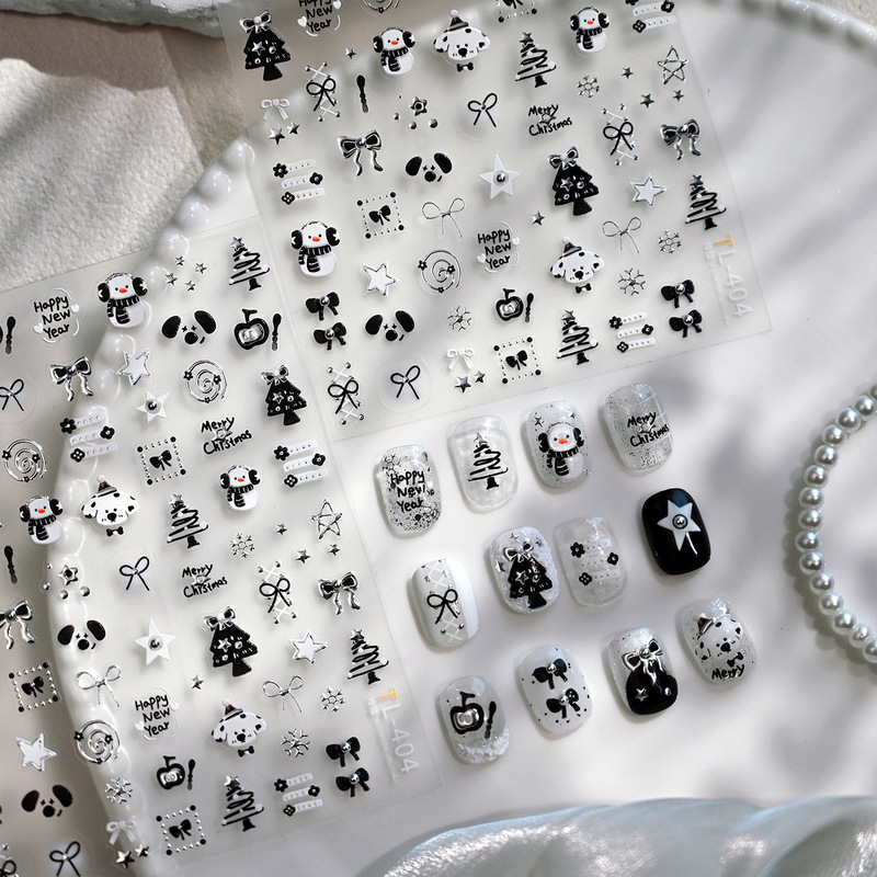 Trendy Black and White Christmas Nail Stickers Tl-404 Sweet Cool Cartoon Simple Christmas Theme Nail Decals