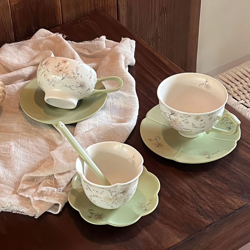 Ins Style Light Green Retro Coffee Cup and Saucer Set Accessible Luxury Niche Ceramic Coffee Cup Exquisite Afternoon Tea Tableware Ins Style Light Green Retro Coffee Cup and Saucer Set Accessible Luxury Niche Ceramic Coffee Cup Exquisite Afternoon Tea Tableware