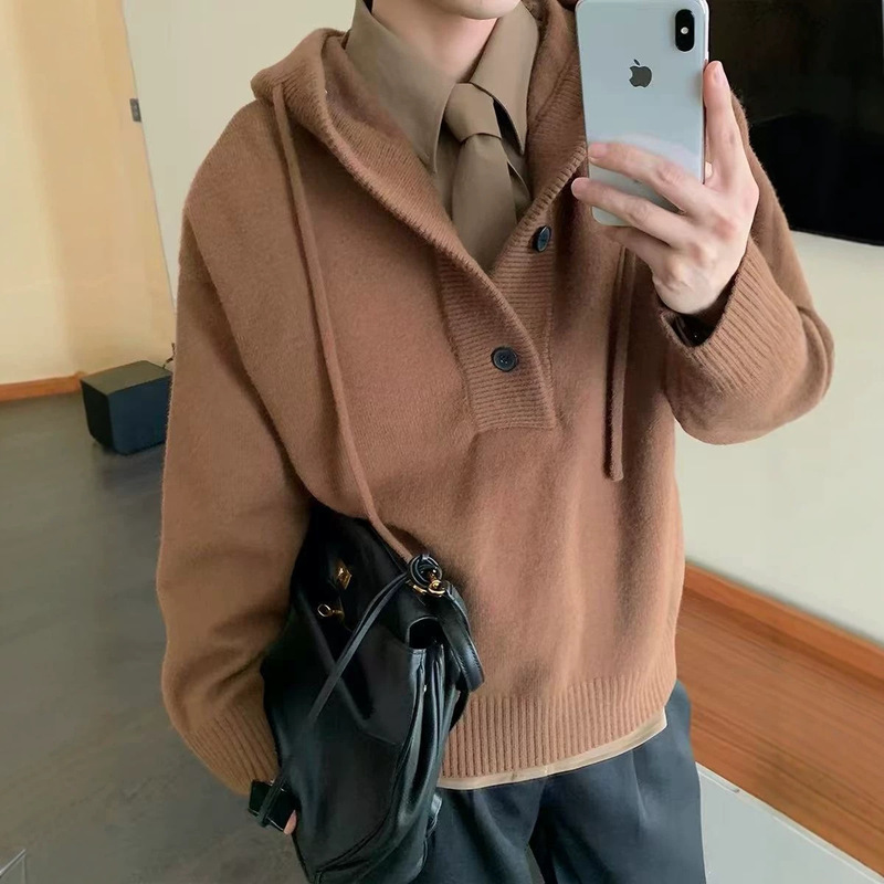 Retro red hooded polo knit sweater for men, loose fit, thickened, solid color, half-button closure, casual pullover