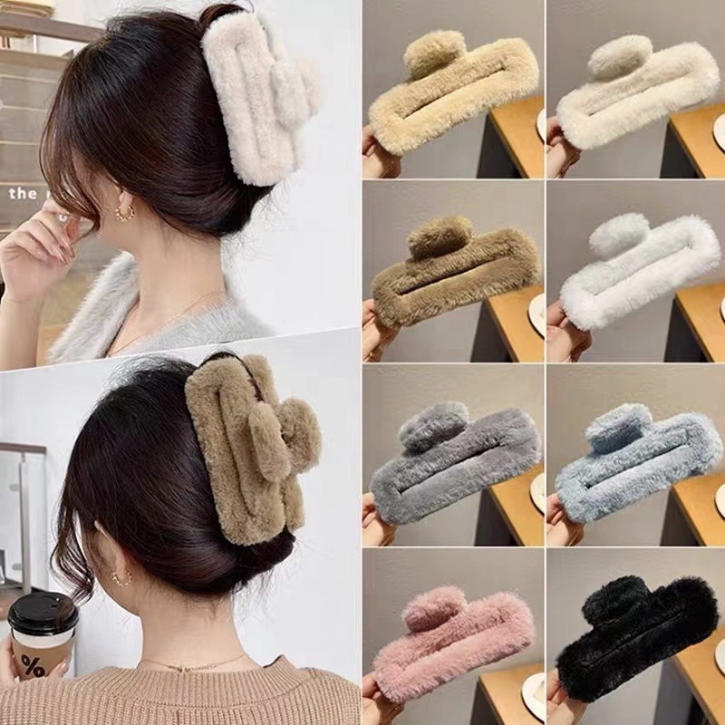 Oufeirle Autumn and Winter Square Plush Hair Clip Large Handmade Rabbit Fur Shark Clip Fluffy Hair Bun Clip Hair Accessory