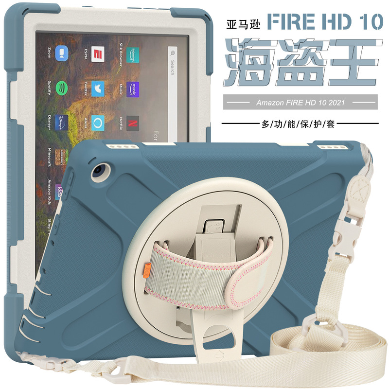For Amazon Fire HD10 2021 Tablet Protective Case plus Children's Drop-resistant Holder Silicone Shoulder Strap Cover