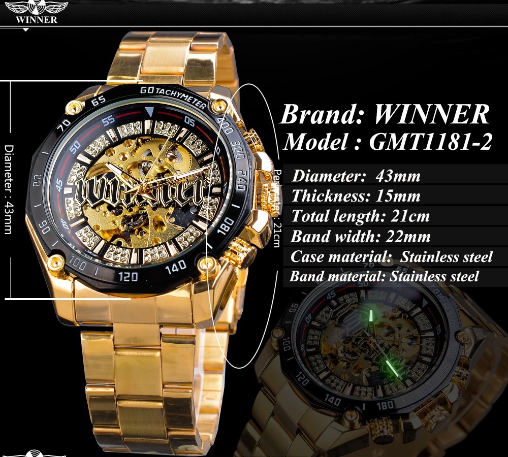 Men's Mechanical Watch Gold Stainless Steel Diamond Dial_voghion.com