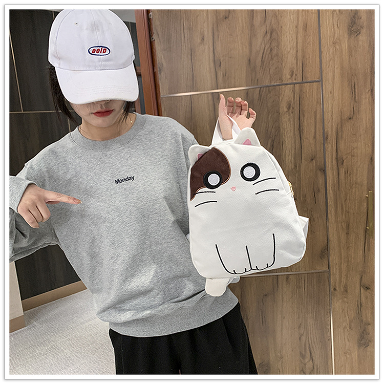 Semicircle Shape Medium Size Cute Cat Canvas Girl Backpack Student School Bag Backpack