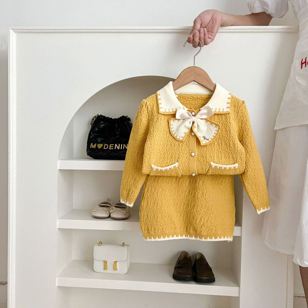 Bär 2024 höst/vinter ny liten flicka söt rosett halvkjol stickad doftande cardigan för barn_voghion.com