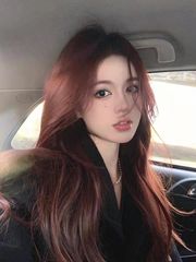 Women's Long Straight Parted Side-Swept Bangs Fashion Rose Red Wavy Long Hair Full Head Wig