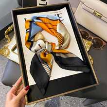 新款韩版细窄长条蓝色丝巾女百搭时尚仿真丝斜角波点职业领巾发带