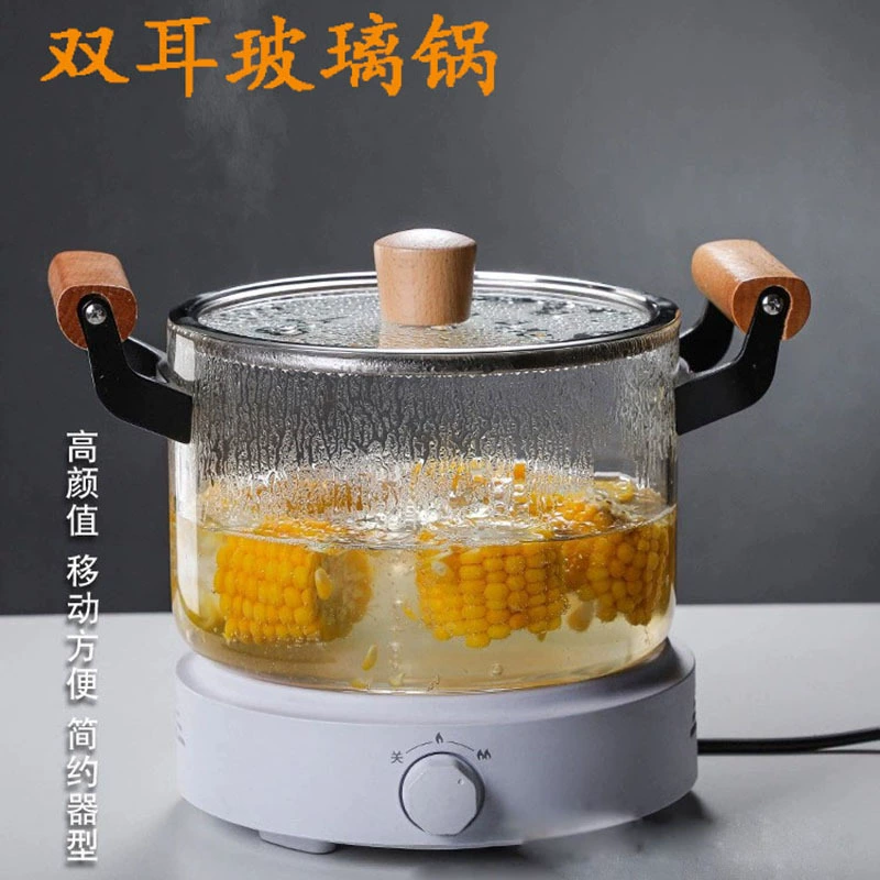 Скважная borosilicate стеклянная кастрюля с двойными деревянными ручками - 2.5–5.5 л сотейник, прозрачный суповая