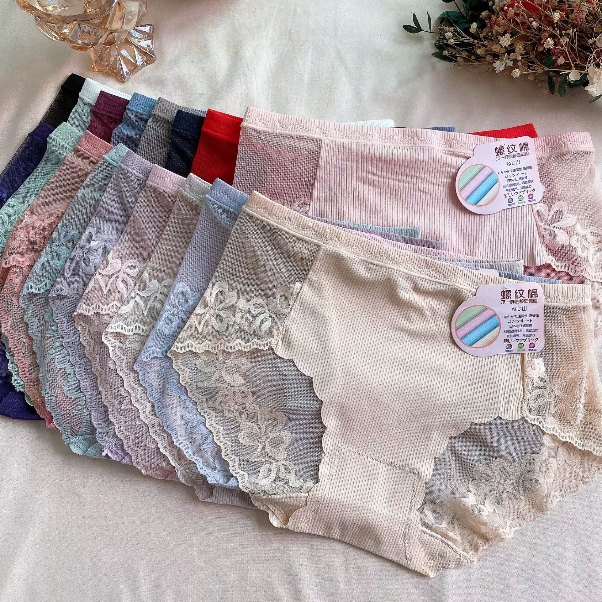 跨境内裤女夏季性感镂空蕾丝螺纹棉舒适大码蜜桃无痕女士三角裤