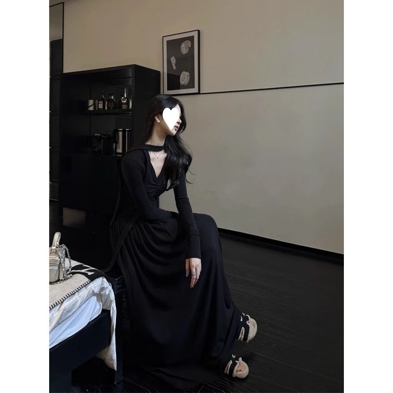 Unique design, pleated and ruffled dress for women, autumn collection, slim-fit, A-line, knitted long dress