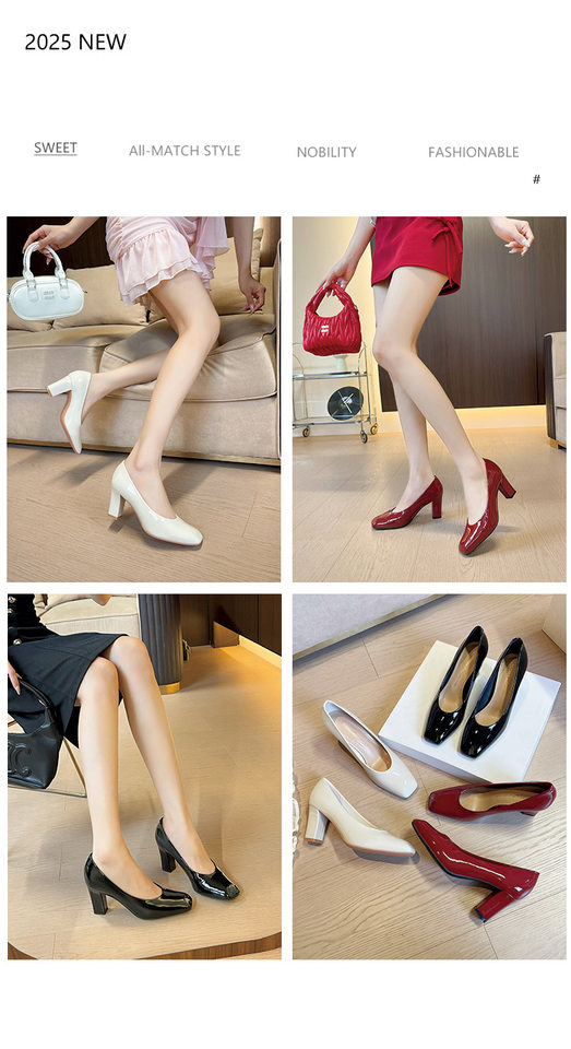 Giày cao gót nữ mũi vuông gót dày da sáng chế thanh lịch công sở, gót 6–8 cm — Màu trắng nhạt, rượu vang đỏ, đen chi tiết 2