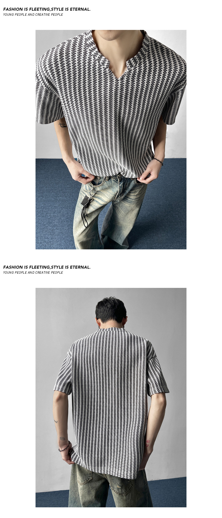 Herringbone Pattern V-neck T-shirt For Men Loose Fit Summer Style_voghion.com