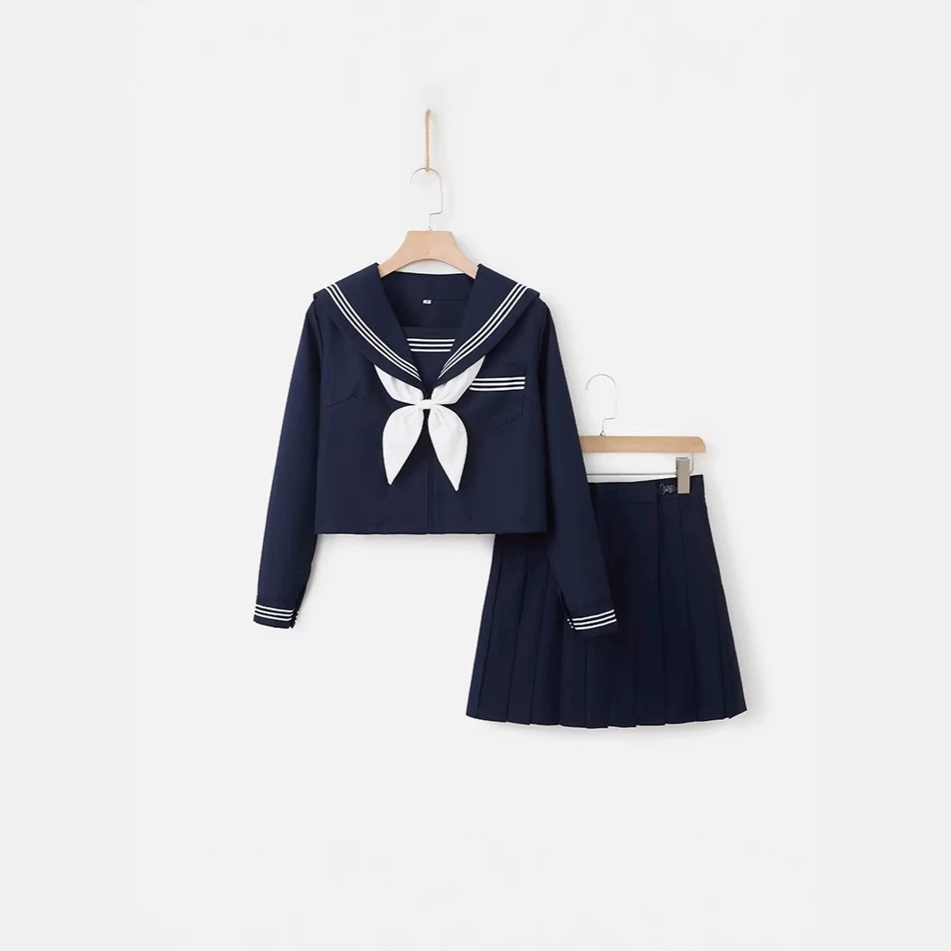 Improved navy blue collar three-piece JK uniform full set sailor suit JK set JK skirt genuine school supply feel pleated skirt half skirt