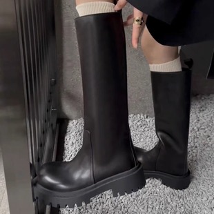 Cowhide version ~ leather big head wide tube high tube knight boots women's thick bottom slim increased large tube circumference but knee boots