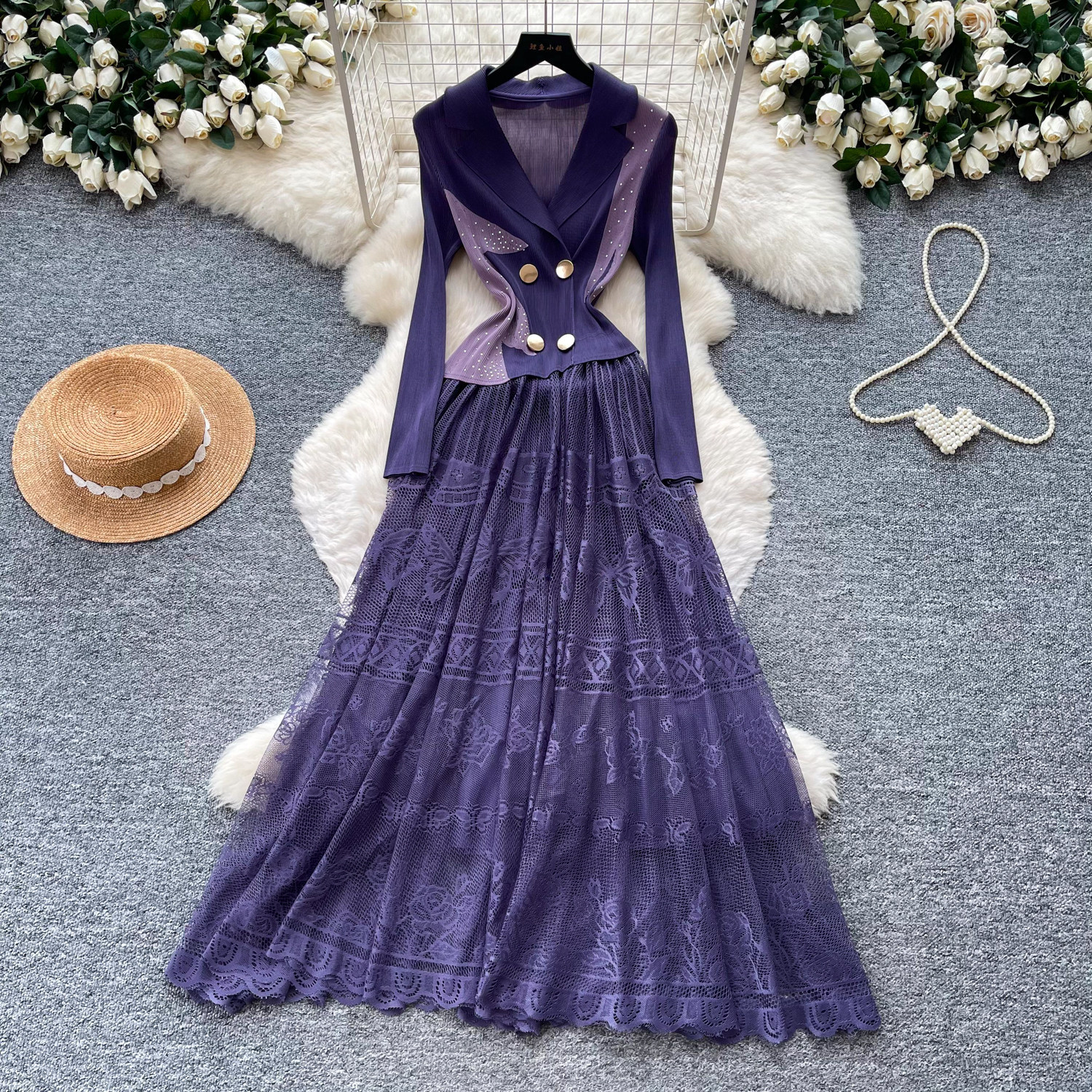 Women's French Romantic Style Lace Dress Suit Collar Slimming Pleated Long Skirt Elegant Commuting Summer Dress_ecoleips.com
