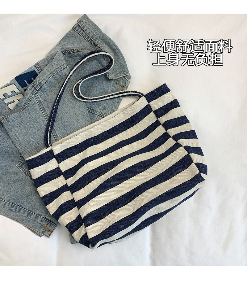 Laid-back striped canvas bag, Korean ins artistic color-blocking tote bag, large-capacity single-shoulder bag, shopping bag, large bag Item Picture