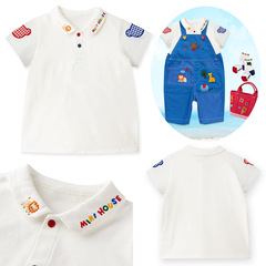 miki兒童襯衣 夏季新款男女童卡通格子熊小獅子短袖襯衣代發