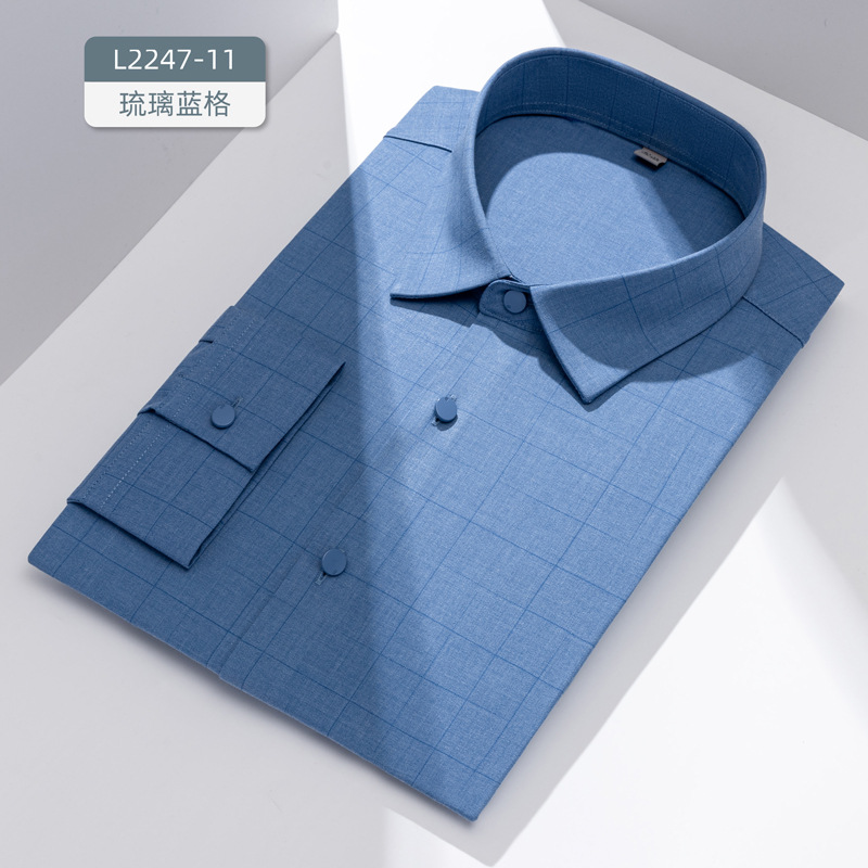 Procesamiento personalizado sin marca camisa de prensado hombre manga larga rayas de color sólido cuadrícula libre de quemar ocio de negocios lujo ligero ropa de hombre