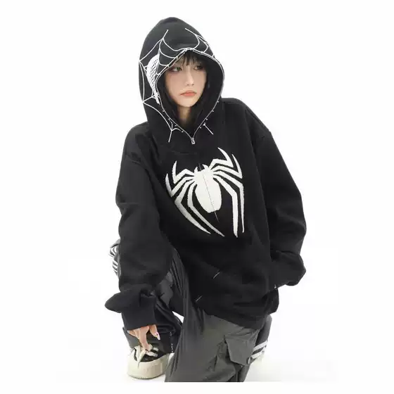 American retro niche design Spider-Man printed hooded sweater zipper cardigan Autumn Street loose coat for men