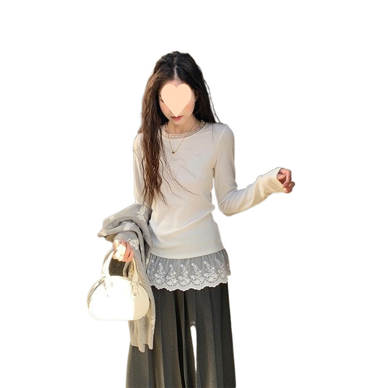 女性用の甘いスタイルのレースボトムシャツ、2025年の新しいスタイルの小さなシャツ、高級秋冬長袖トップス|undefined