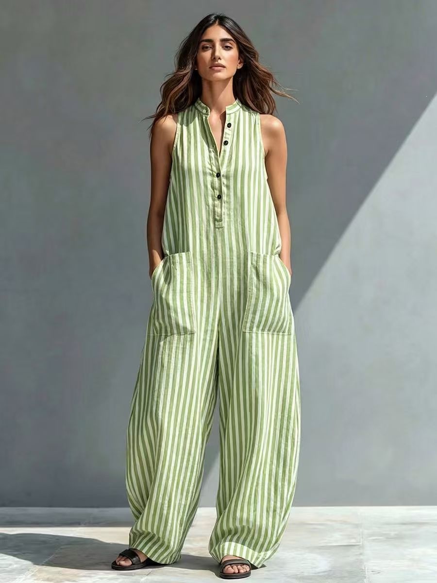Estación independiente transfronteriza de comercio exterior verano nuevo relajado estriado casual impresión sin mangas ropa de mujer pantalonés image 1