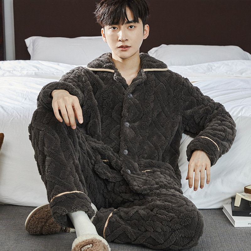 フランネルパジャマ男性は秋冬に保温襟ファスナーを厚くして長袖コーラルベルベットの住宅服カーディガンを厚くした