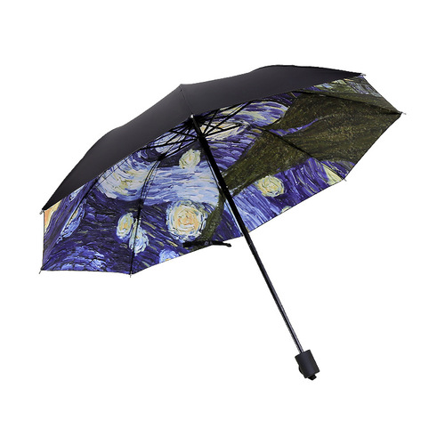 Vincent Van Gogh Oil Painting Umbrella, Black Rubber UV Protection Sun Umbrella, Women's Outdoor Tri-Fold Sunshade Umbrella Wholesale