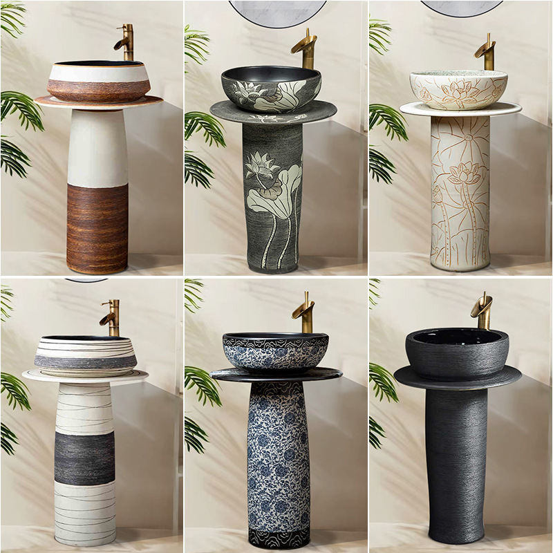 Ceramic Integrated Chinese-Style Pedestal Washbasin, Blue and White Pedestal Basin, Courtyard Outdoor Washbasin, Basin, Sink, Countertop Basin