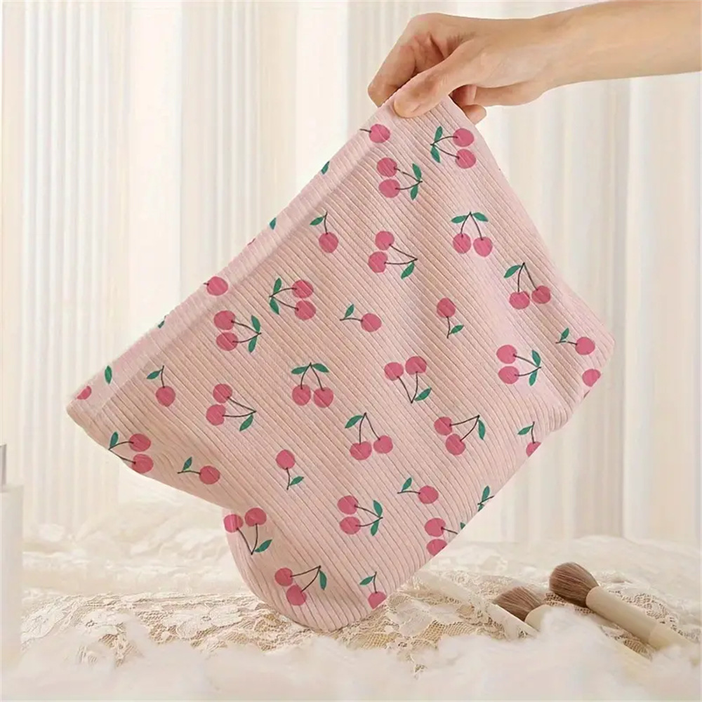 Elegant, Streetwear Style Square Shape Elegant Streetwear Cherry Corduroy Square Makeup Bags