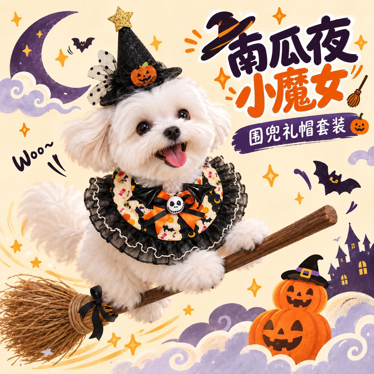 Pet Bib for Little Witches Halloween Bat Pumpkin Bow Lace Cat Dog Bib Decorative Saliva Towel