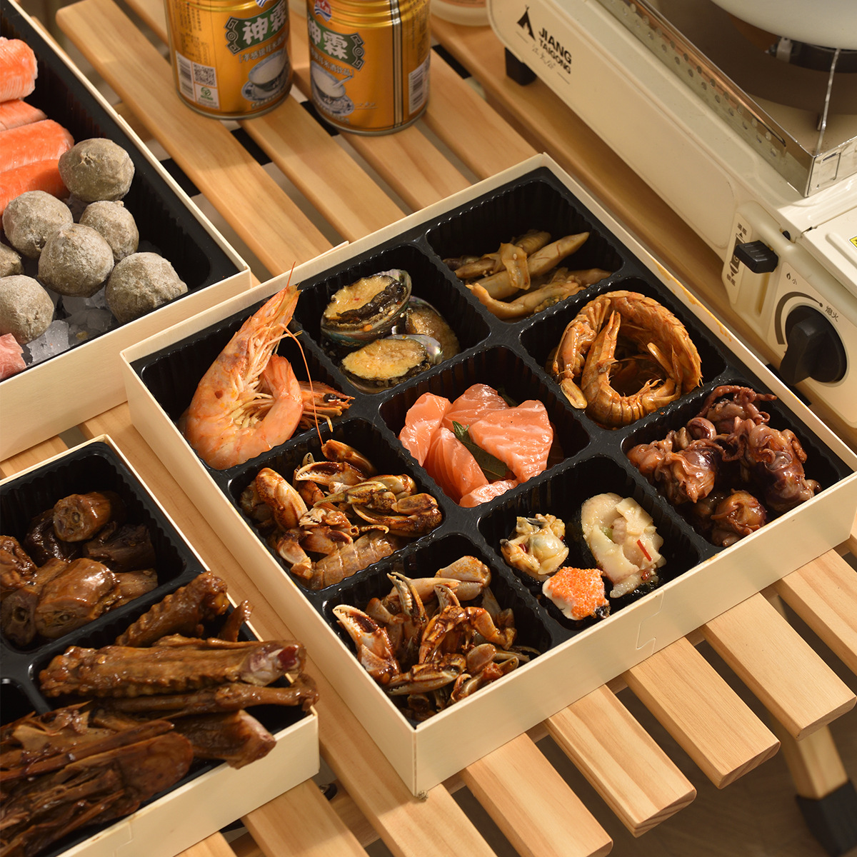 Caja de embalaje de arroz salgado de Jiugongge, panela caliente roja, pato, verduras frías desechables, caja de madera de alta calidad para llevar.