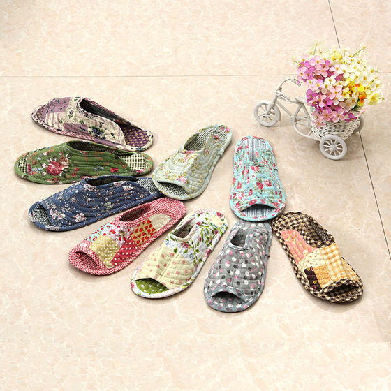 New Style Pastoral Household Quiet Soft Bottom Fabric Bottom Quilted Breathable Flat Heel Women's Slippers Wooden Floor Indoor
