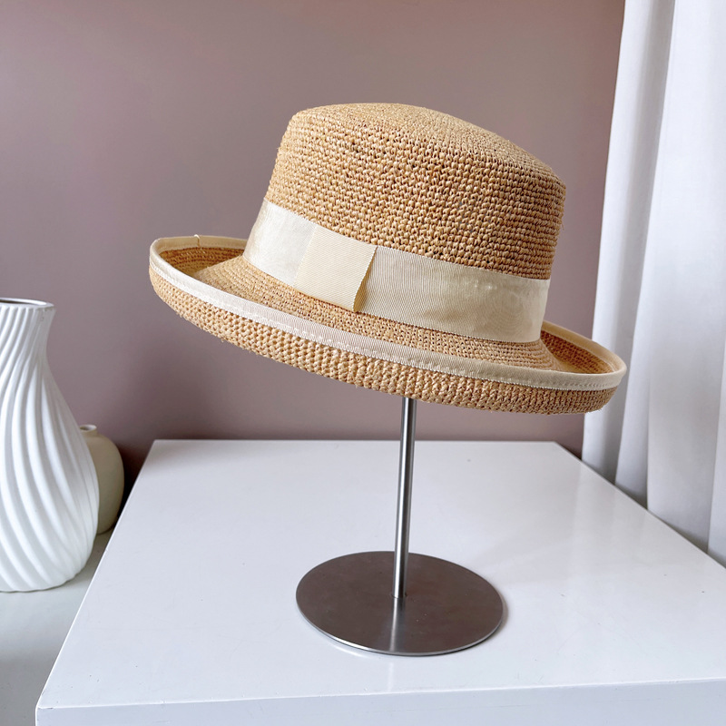 Hepburn Style Handmade Crochet Raffia Straw Bucket Hat For Summer_voghion.com