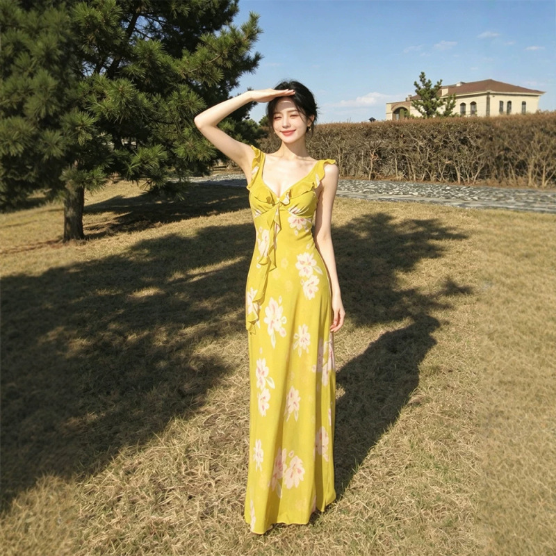 Zzk Lily of the Valley French-Style Ruffled Strap Vacation Dress Fairy Long Dress Summer Seaside Vibe